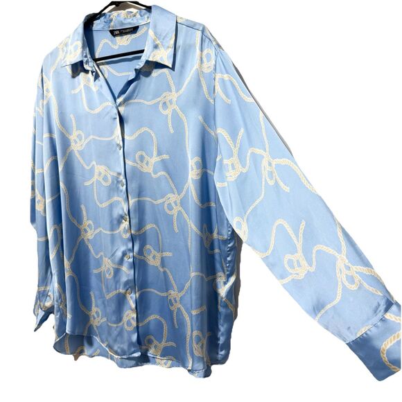 ZARA Blue Rope Print Satin Button Up Shirt XXL Long Sleeve Blouse Top - Picture 2 of 10